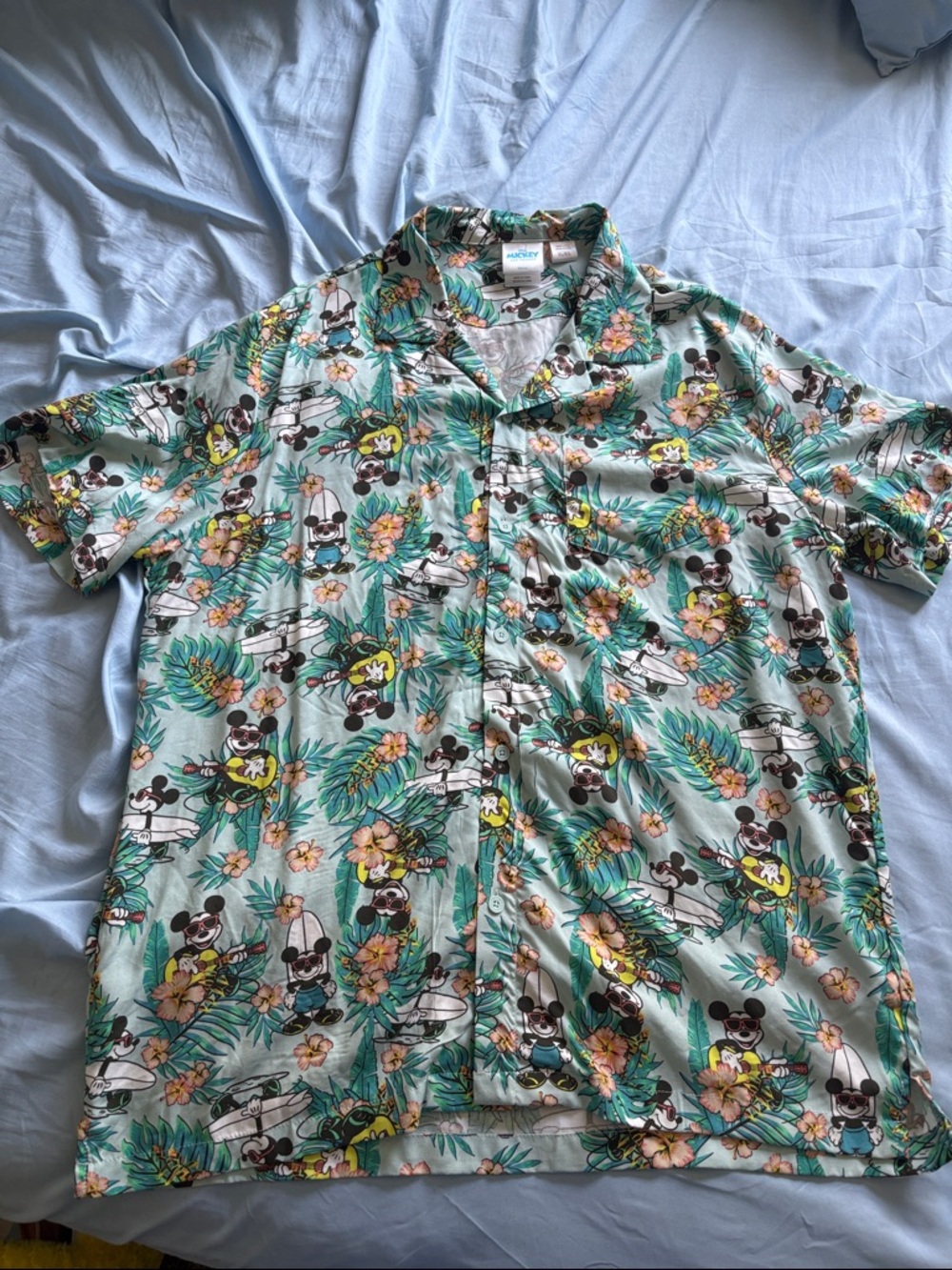 Disney Light Teal Floral Mickey Mouse Short Sleeve Button-Up Shirt